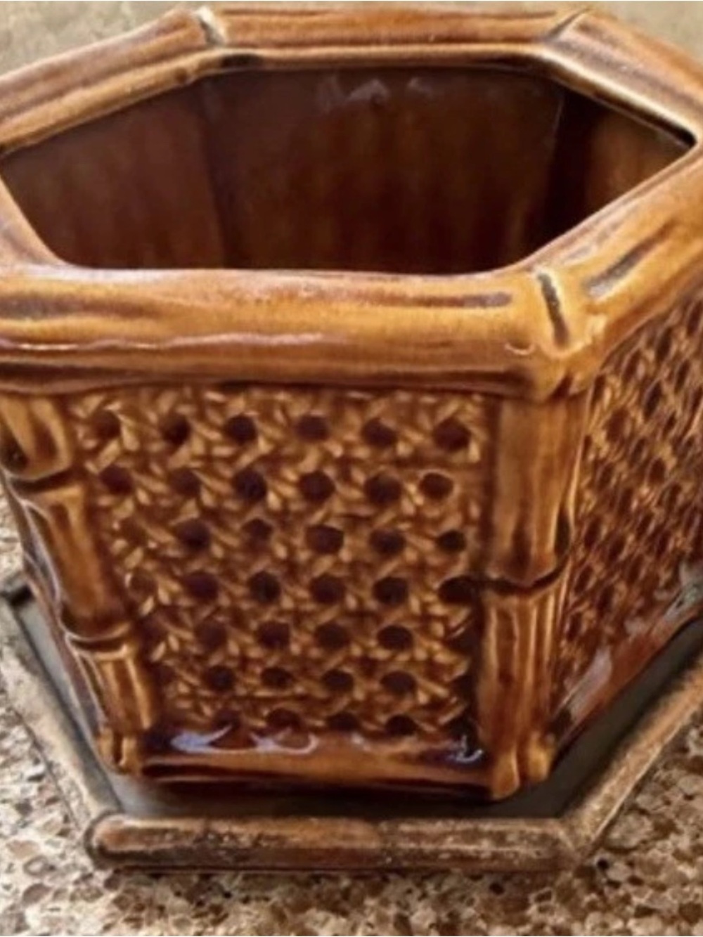 Hyalyn Ceramic Vintage Planter Hexagonal Brown Glossy Pottery Decorative MCM Art